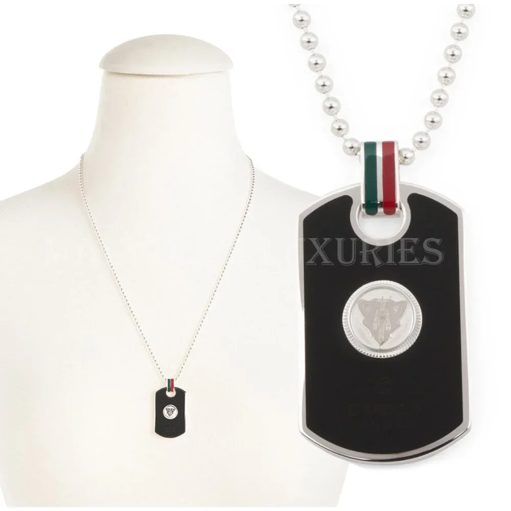 GUCCI NECKLACE SILVER .925 ENAMEL DOG TAG PENDANT WEB & HYSTERIA DETAIL - Picture 1 of 7